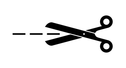 black icon of scissors with cutting line on white background