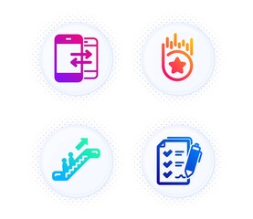 Loyalty star, Escalator and Phone communication icons simple set. Button with halftone dots. Survey checklist sign. Bonus reward, Elevator, Incoming and outgoing calls. Report. Technology set. Vector