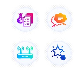 Accounting wealth, Text message and Wifi icons simple set. Button with halftone dots. Ranking star sign. Audit report, Chat bubble, Internet router. Click rank. Business set. Vector