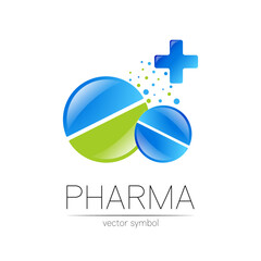 2 Pharmacy vector symbol with cross for pharmacist, pharma store, doctor and medicine. Modern design vector logo on white background. Pharmaceutical blue green icon logotype tablet pill .People health