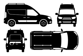 Mini van silhouette vector illustration with side, front, back, top view