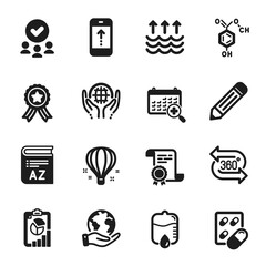 Set of Science icons, such as Air balloon, Pencil. Certificate, approved group, save planet. Chemical formula, Evaporation, Swipe up. Organic tested, Drop counter, Vocabulary. Vector