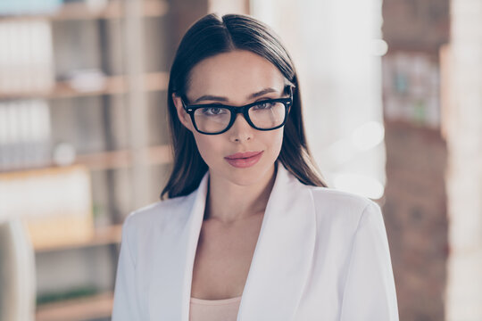 Closeup photo of attractive beautiful business lady eyesight health care concept look clever smart eyes camera good mood home spacious office social distance formalwear blazer indoors