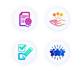 Consolidation, Smile and Checkbox icons simple set. Button with halftone dots. Star sign. Strategy, Certificate, Survey choice. Customer feedback. Business set. Vector