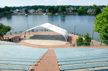 Looking down at the small open air theater on the lower lever on the Augusta Georgia river walk