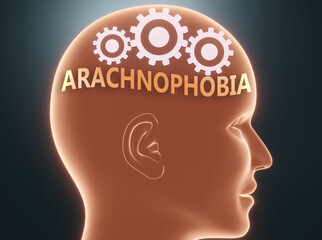 Arachnophobia inside human mind - pictured as word Arachnophobia inside a head with cogwheels to symbolize that Arachnophobia is what people may think about, 3d illustration