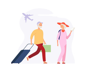 Vacation time. Elderly travellers with luggage on airport terminal. Woman man with suitcases awaiting boarding vector concept. Grandmother and grandfather retired, tourist travel illustration