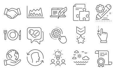 Set of Business icons, such as Project edit, Copyright laptop. Diploma, ideas, save planet. Travel sea, Strategy, Cogwheel settings. Medical drugs, Food, Employees handshake. Vector