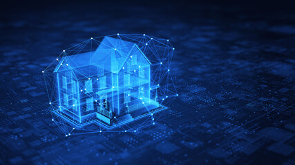 Concept of Smart home, private house , cyber safety, digital protection of smart home system. 3d rendering