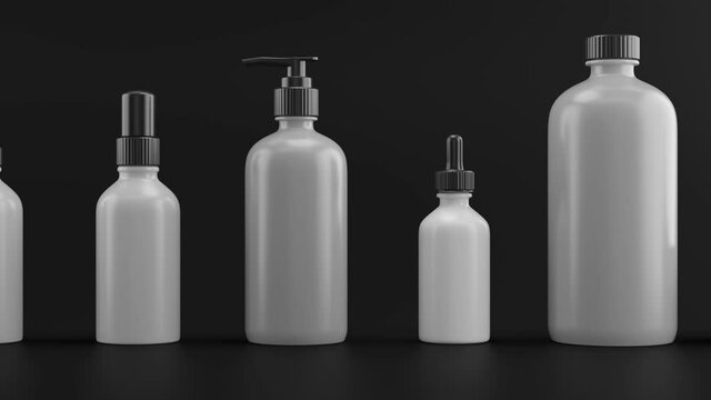 3d render of beauty bottles on dark background . Cosmetic bottle 3d background. Set of body care flasks with abstract liquid. Loop animation sequence.