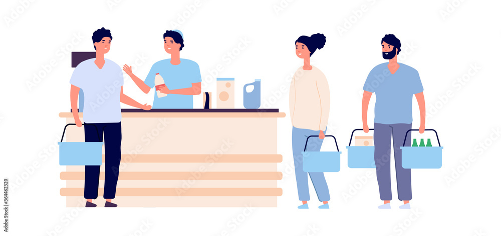 Canvas Prints Buyers at checkout. People crowd queue with shopping carts. Flat grocery store and shoppers, male female vector characters. Checkout counter, customer in retail supermarket illustration