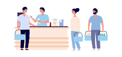 Buyers at checkout. People crowd queue with shopping carts. Flat grocery store and shoppers, male female vector characters. Checkout counter, customer in retail supermarket illustration