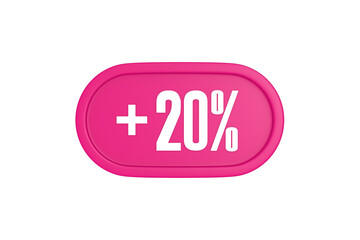 20 Percent increase 3d sign in pink color isolated on white background, 3d illustration.