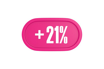 21 Percent increase 3d sign in pink color isolated on white background, 3d illustration.