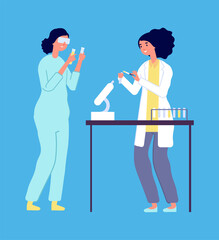 Laboratory research. Woman man epidemiologists, lab virus study. Scientists in white coats with equipment vector illustration. Woman science with microscope, chemistry medical people