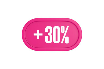 30 Percent increase 3d sign in pink color isolated on white background, 3d illustration.