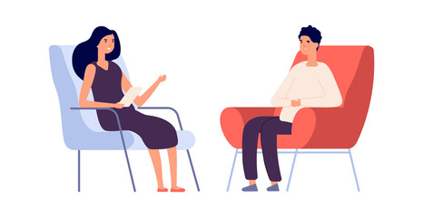 Woman psychologist. Couple flat man woman sitting on chairs. Psychotherapy session or psychological consultation. Sad frustrated guy vector. Psychologist woman, psychiatrist and patient illustration