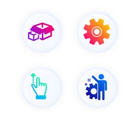 Touchscreen gesture, Packing boxes and Service icons simple set. Button with halftone dots. Employee sign. Slide up, Delivery package, Cogwheel gear. Cogwheel. Technology set. Vector