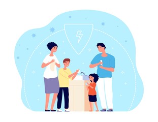 People washing hands. Child hygiene, family cleaning hand with water, soap or sanitizer. Germs or coronavirus prevention vector illustration. Family wash hands in bathroom, parents with kids