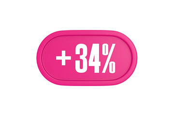 34 Percent increase 3d sign in pink color isolated on white background, 3d illustration.