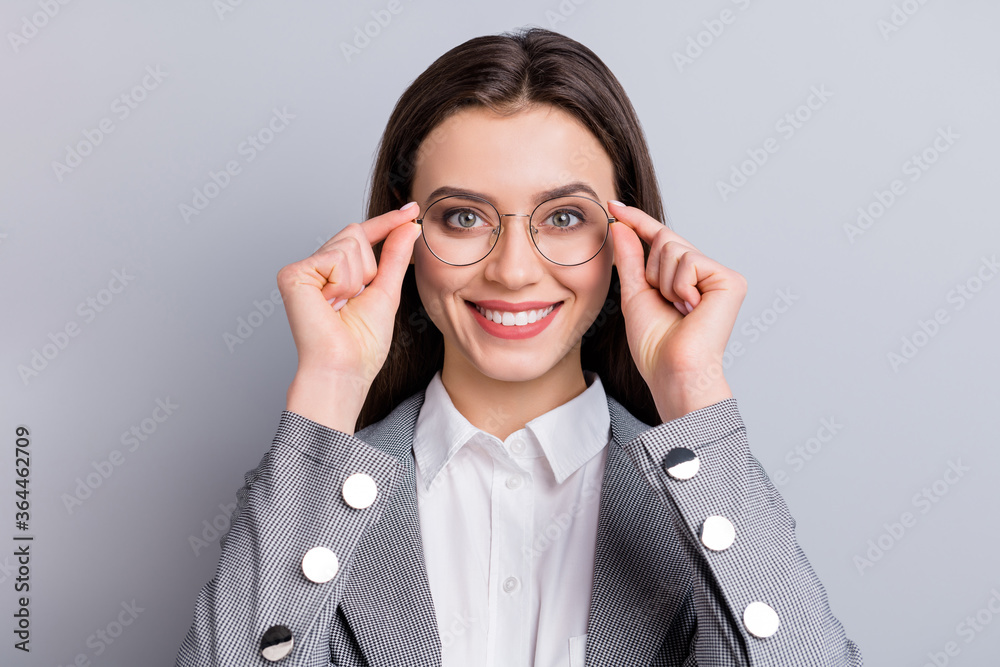 Wall mural closeup photo of attractive business lady perfect appearance beaming smiling showing new vision spec