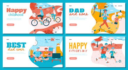 Father and son activities during vacations weekends vacations or at leisure. Playing video games riding bicycles walking with a kite and soccer. Colorful set of landing page templates