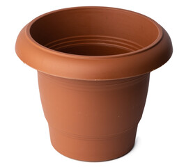 Brown plastic flower pot isolated on white