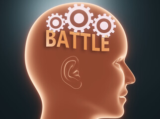 Battle inside human mind - pictured as word Battle inside a head with cogwheels to symbolize that Battle is what people may think about and that it affects their behavior, 3d illustration