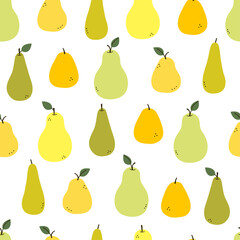 Pear. Endless texture with yellow, green, orange pears and leaves isolated on white. Positive fruit summer print. Modern vector seamless pattern in flat cartoon style. Background, wallpaper