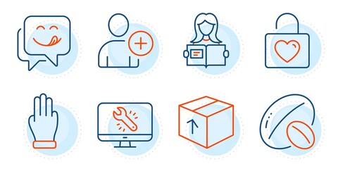Package, Soy nut and Woman read signs. Yummy smile, Wedding locker and Monitor repair line icons set. Add user, Three fingers symbols. Emoticon, Valentines day. Outline icons set. Vector