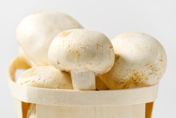 White Mushrooms champignons in wooden basket on a light background. Close up with copy space. Packed champignons to basket.