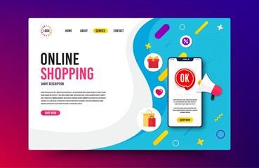 Landing page with phone mockup. OK badge. Approved chat bubble icon. Website template banner with smartphone screen. Shopping mockup web page template. OK badge banner. Promotional megaphone. Vector