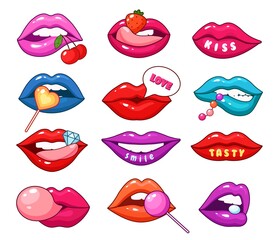 Lips patches. Fashionable cartoon girl lip, blue pink red sexy mouths. Love kissing stickers with tongue, pills lollipops beans vector set. Illustration glamour sexy expression, girl love trendy
