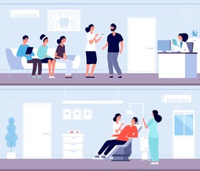 Dentist clinic. Patient queue in dentistry. Teeth health and care. Hospital waiting room reception. Professional stomatology vector. Dentist clinic office, dentistry hospital illustration