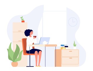 Girl sitting home. Woman at desk watching video on laptop and drinking tea. Student learning online or distance lessons, freelance job. Female has domestic relax after work vector illustration