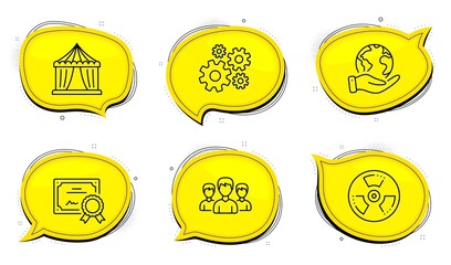 Circus tent sign. Diploma certificate, save planet chat bubbles. Cogwheel, Chemical hazard and Group line icons set. Engineering tool, Toxic, Group of people. Attraction park. Business set. Vector