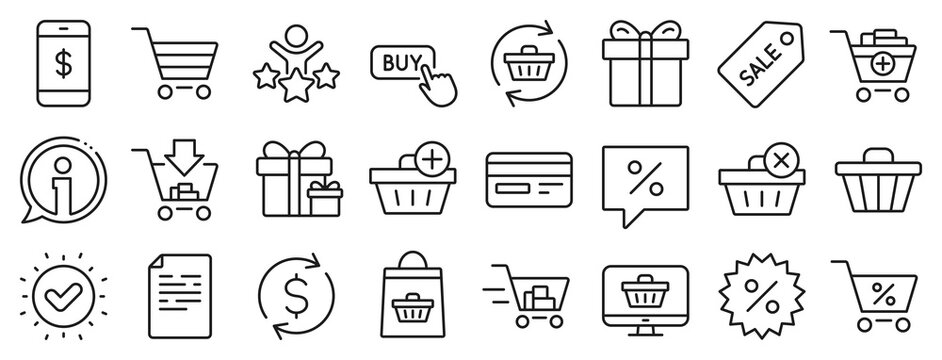 Gift box, Present coupon and Sale offer tag signs. Shopping line icons. Shopping cart, surprise gift and Delivery symbols. Speech bubble, Discount tag coupon , Credit card. Online sale. Vector