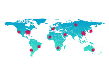 Fototapeta na wymiar Vector world map infographic symbol with pointers. International illustration sign. Blue red global element for business, presentation, sample, web design, media, news, blog, report