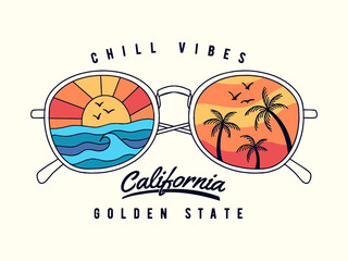 Vector sun glasses with tropical beach reflection illustration, for t-shirt print and other uses