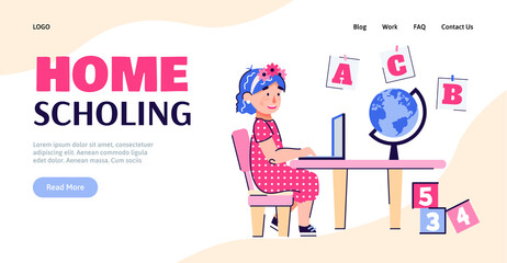 Online homeschooling for children web homepage or landing page template with cute little girl of school age studying at computer, cartoon vector illustration.