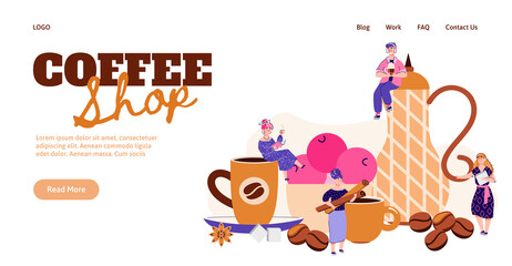 Fototapeta na wymiar Website interface mockup for coffee shop with crockery for coffee drinking, flat vector illustration. Landing page template for restaurant or store, cafe.