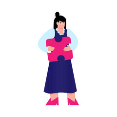 A business woman holds a piece of the puzzle. The concept of solving a business problem. Flat vector illustration isolated on a white background.