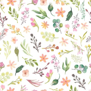 Watercolor floral pattern with different leaves and flowers. Floral simple seamless pattern on white background.
