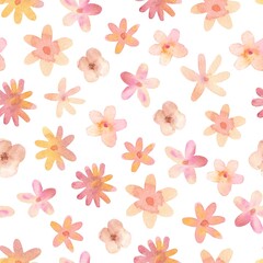 Watercolor floral pattern with different simple pink flowers. Floral simple seamless pattern on white background.