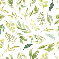 Watercolor floral pattern with different green  leaves and flowers. Floral simple seamless pattern on white background.
