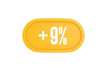 9 Percent increase 3d sign in yellow isolated on white background, 3d illustration.
