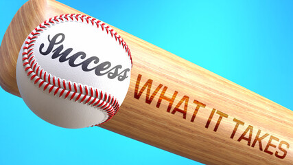 Success in life depends on what it takes - pictured as word what it takes on a bat, to show that what it takes is crucial for successful business or life., 3d illustration