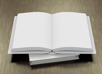 Hard-cover open book template. 3D rendering.