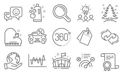 Set of Business icons, such as 360 degrees, Refresh. Diploma, ideas, save planet. Research, Sale tags, Clean bubbles. Christmas tree, Piano, Smile. Car leasing, Stock analysis, Arena. Vector