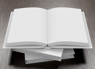 Empty open hardcover book. 3D rendering.